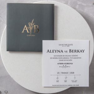 Antrasit Fantazi Kağıda Yaldız Baskılı Sade Düğün Davetiyesi