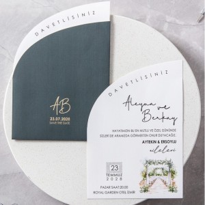 Yeşil Özel Kesim Zarflı Yaldız Baskılı Düğün Davetiyesi