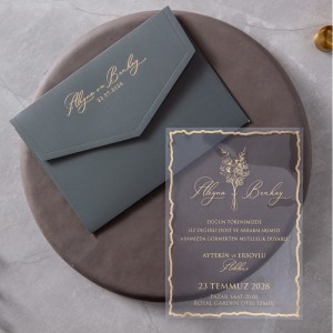 Koyu Yeşil Zarfa Yaldız Baskılı Şeffaf Asetat Düğün Davetiyesi