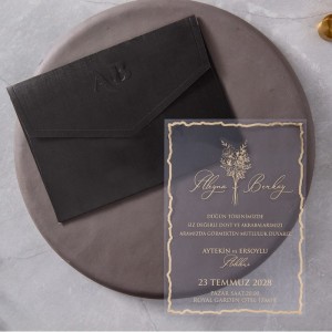Siyah Zarfa Kabartma Baskılı Şeffaf Asetat Düğün Davetiyesi