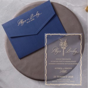 Lacivert Zarfa Yaldız Baskılı Şeffaf Asetat Düğün Davetiyesi