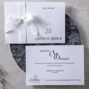 Zarfı Dikdörtgen Geçmeli Organze Fiyonklu Davetiye Tasarımı