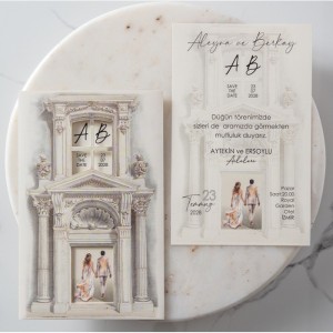 Zarfı Pencereli Gelin Damat Resimli Özel Davetiye Modeli