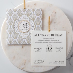 Barok Desenli Ortası Lazer Kesimli Zarflı Davetiye Tasarımı