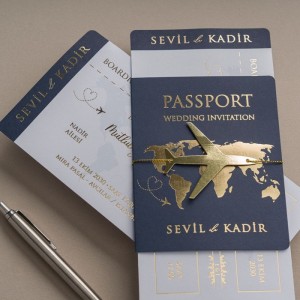 Lacivert Dışı Yaldız Süslemeli Yaldız Baskılı Pasaport Davetiye