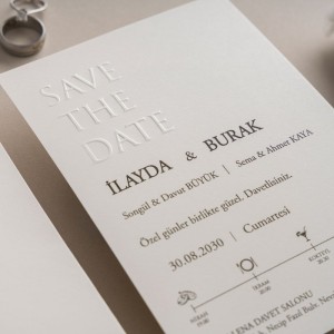 Beyaz Save The Date Yazılı Sade Nikah Davetiyesi
