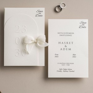Beyaz Dışı Oval Kabartma Baskılı Fiyonklu Davetiye