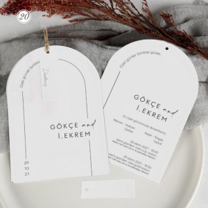 Beyaz Oval İkili İpli Etiketli Çizgi Detaylı Sade Düğün Davetiyesi