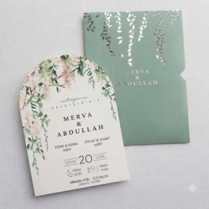 Mint Yeşili Yanı Açık Zarfa Yaldız Baskılı İçi Oval Davetiye