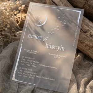 Gümüş Varaklı Gri Zarflı Özel Şeffaf Davetiye Modeli