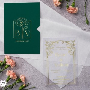 Altın Varaklı ve Floral Desenli Modern Şeffaf Düğün Davetiyesi