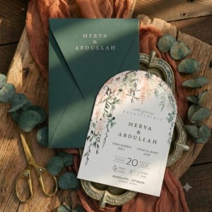 Orman Yeşili Zarflı ve Floral Dokulu Oval Formlu Premium Davetiye Seti