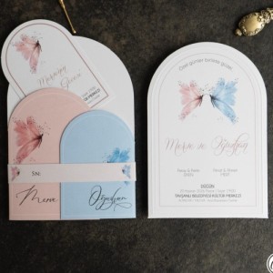 Pastel Kelebek Temalı Kemer Formlu Modern Boho Davetiye Seti
