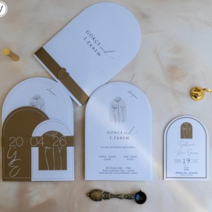 Altın Detaylı Modern Kemer Formlu Premium Bohem Davetiye Seti