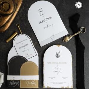 Altın Varak Dokunuşlu Modern Kemer Formlu Premium Davetiye Seti