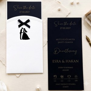 Siyah Küçük Fiyonklu Gelin Damat Figürlü İçi Siyah Davetiye