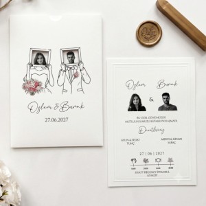Zarfı Karikatürlü Pencereli Gelin Damat Resimli Davetiye