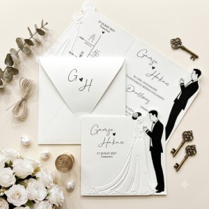 İçi Gelin Damat Figürlü Katlamalı Beyaz Kare Zarflı Sade Davetiye