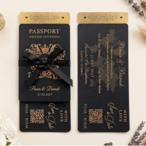 Zarfsız Fiyonklu Siyah Pasaport Davetiye Modeli
