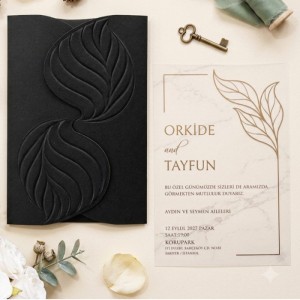 Siyah Zarfı Kuş Kanadı Figürlü Lüks Düğün Davetiyesi