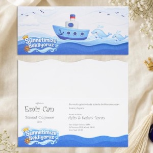 Üstten Katlamalı Deniz Temalı Vapurlu Sünnet Davetiyesi