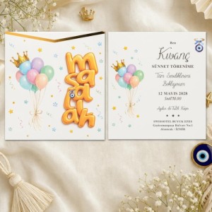 Kare Zarfa Renkli Balon Maşallah Tasarımlı Sünnet Davetiyesi